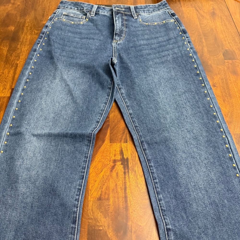 Express Embellished Straight Leg Jeans Medium Wash Studded EX010666 Women 6 - Picture 3 of 12